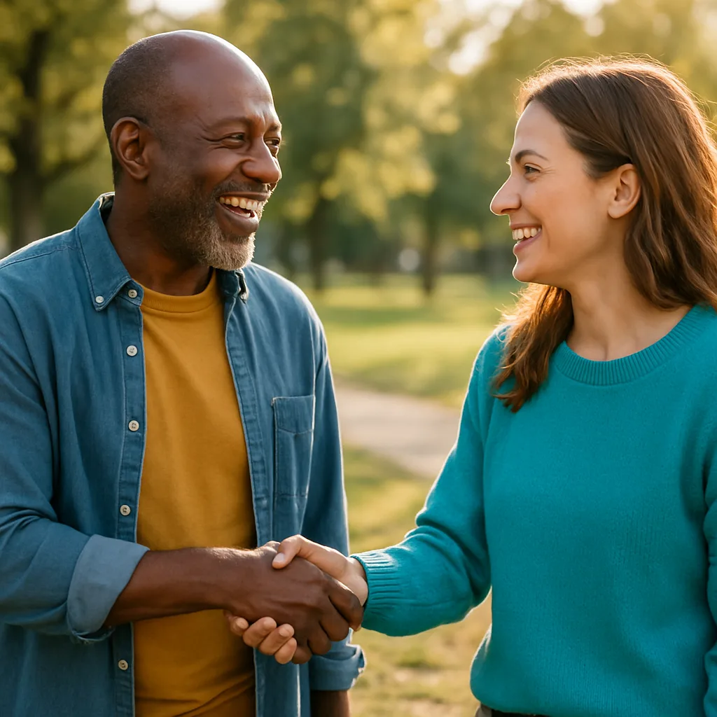 Two people meeting at a local park — genuinely local Kent dating