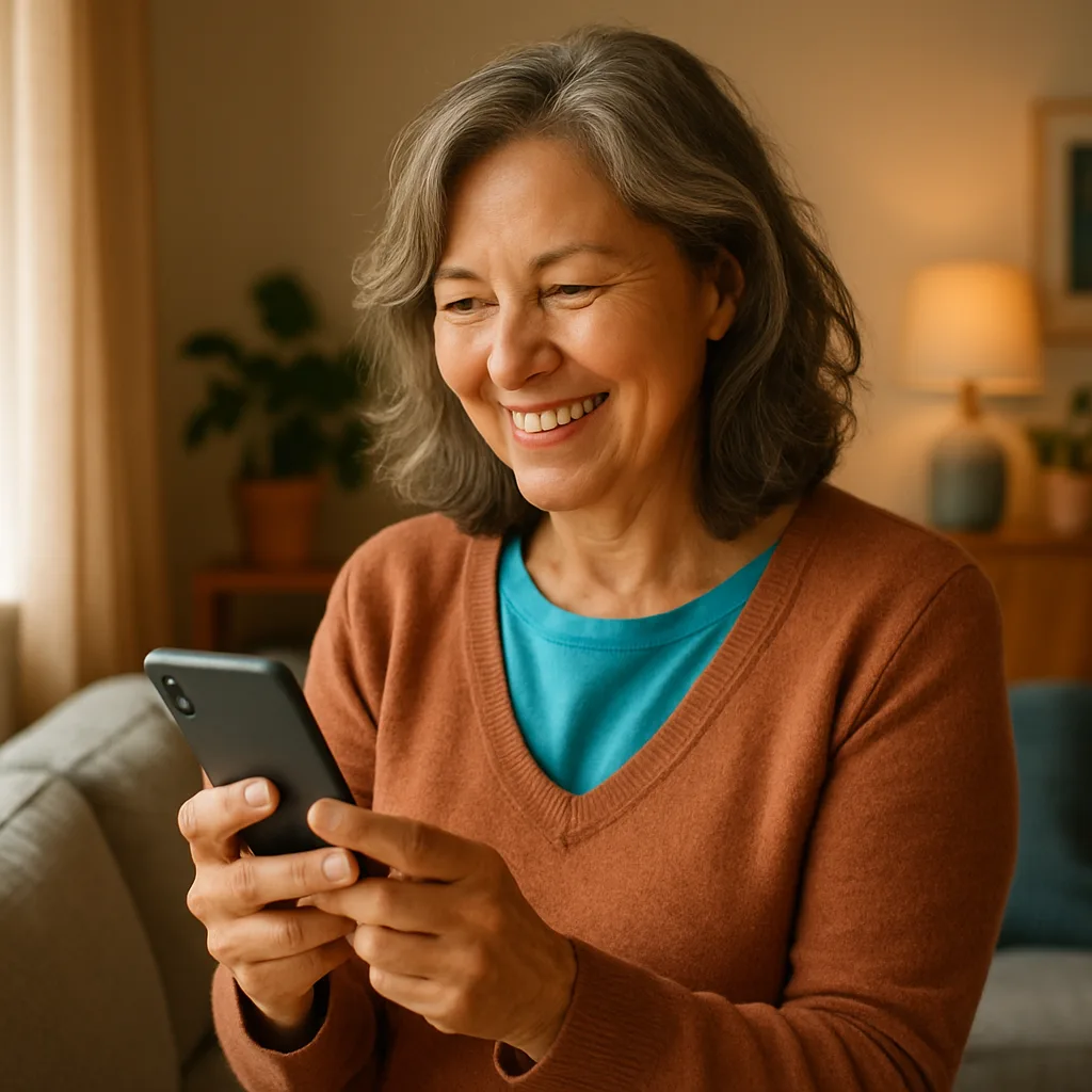 Smiling woman confidently checking her phone — verified profiles on The Kent Dating Site